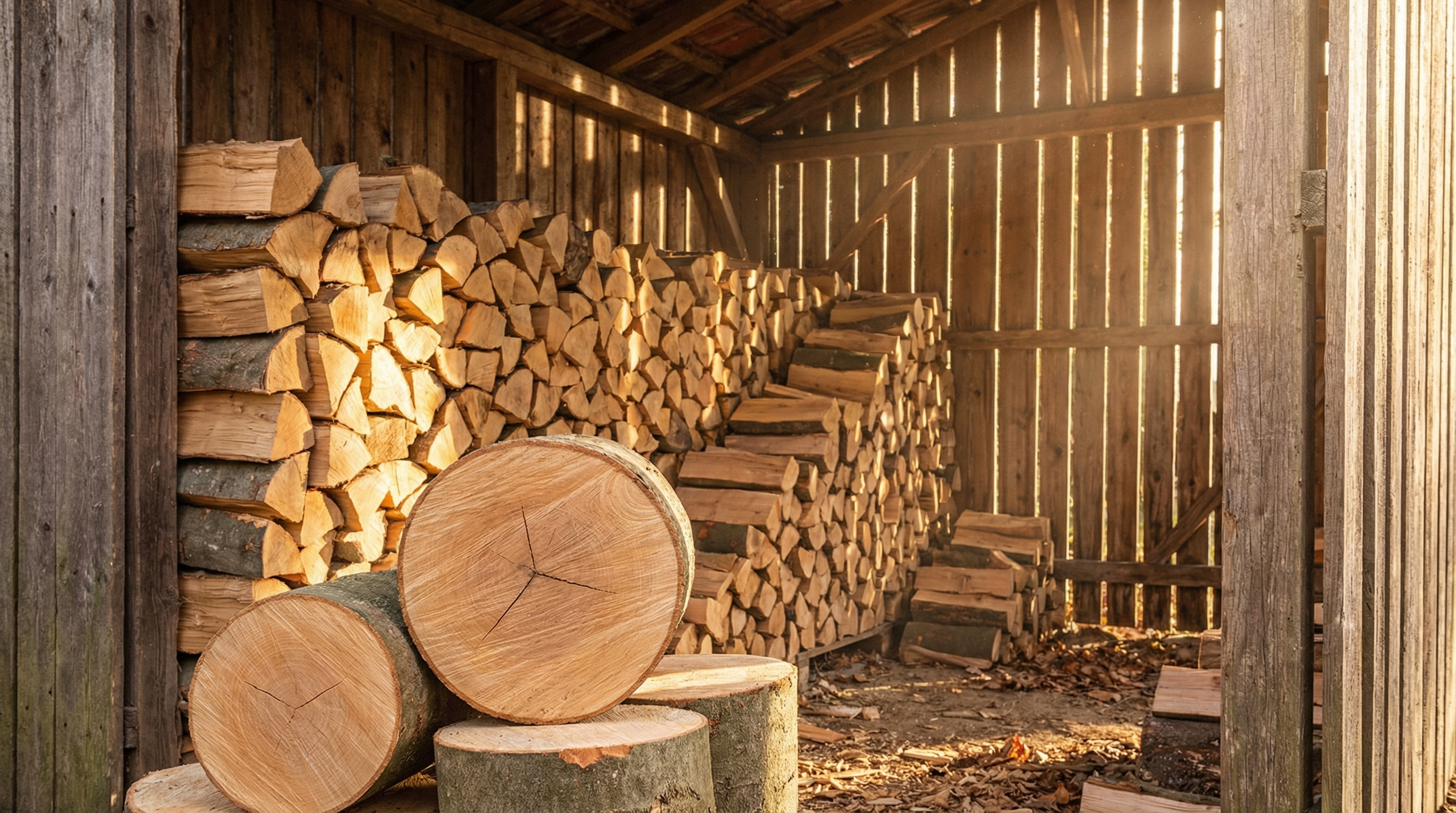 Gestapeltes Brennholz in einem Holzschuppen mit warmem Sonnenlicht — Brennholz richtig lagern
