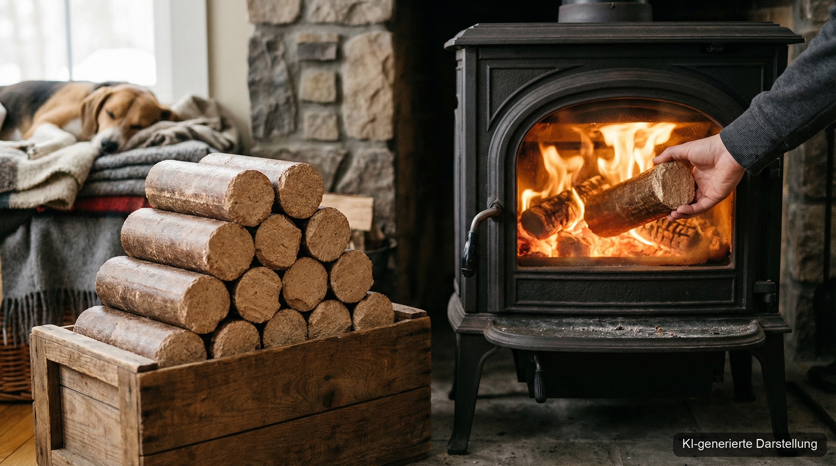 Holzbriketts neben einem brennenden Kaminofen — Holzbriketts richtig anzünden (KI-generierte Darstellung)