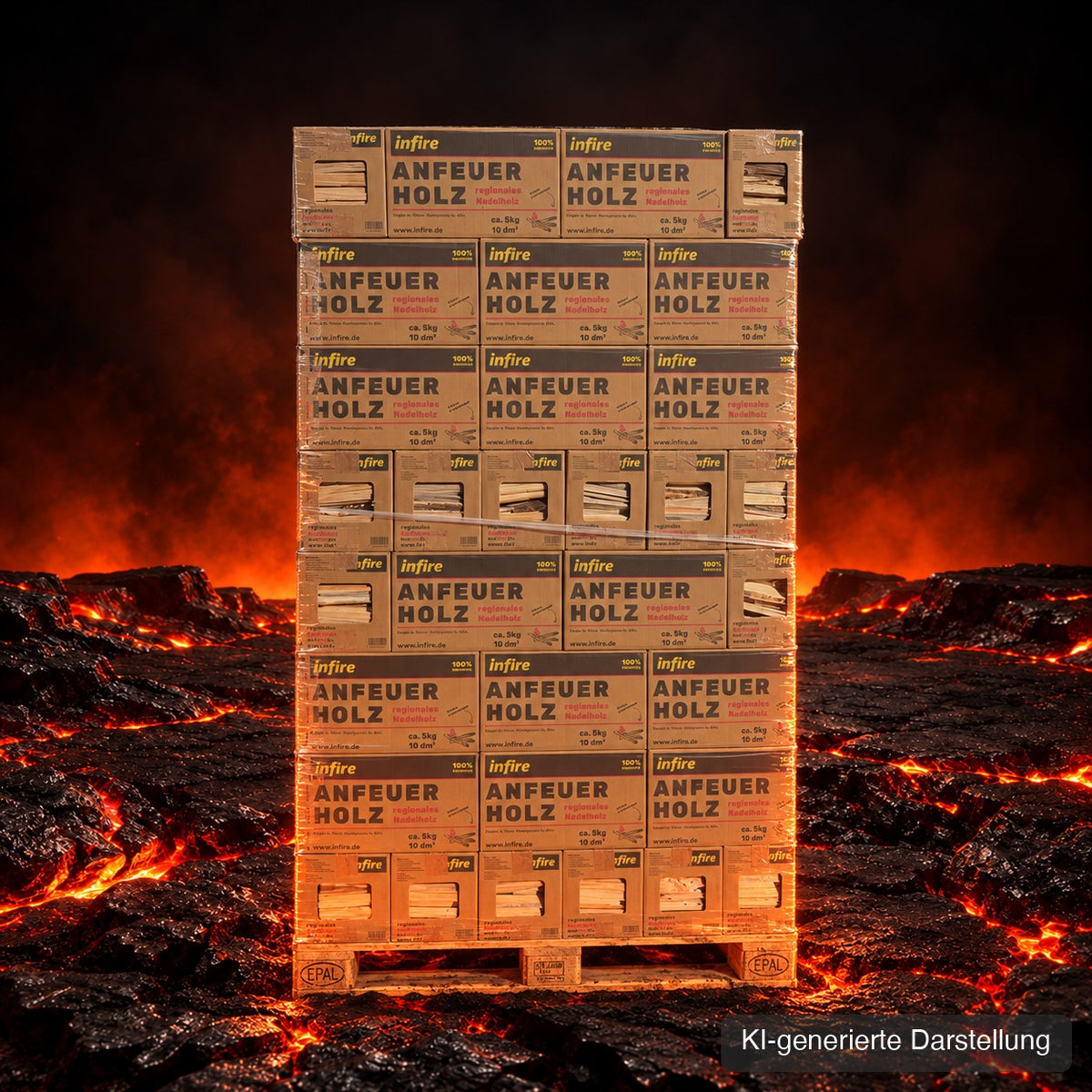 Ganze Palette infire Anfeuerholz, 96 Kartons, auf glühendem Lavagestein, KI-generierte Darstellung