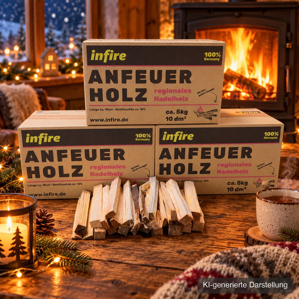 Drei Kartons infire Anfeuerholz mit Anfeuerholz davor vor dem Kaminofen im Winter, KI-generierte Darstellung