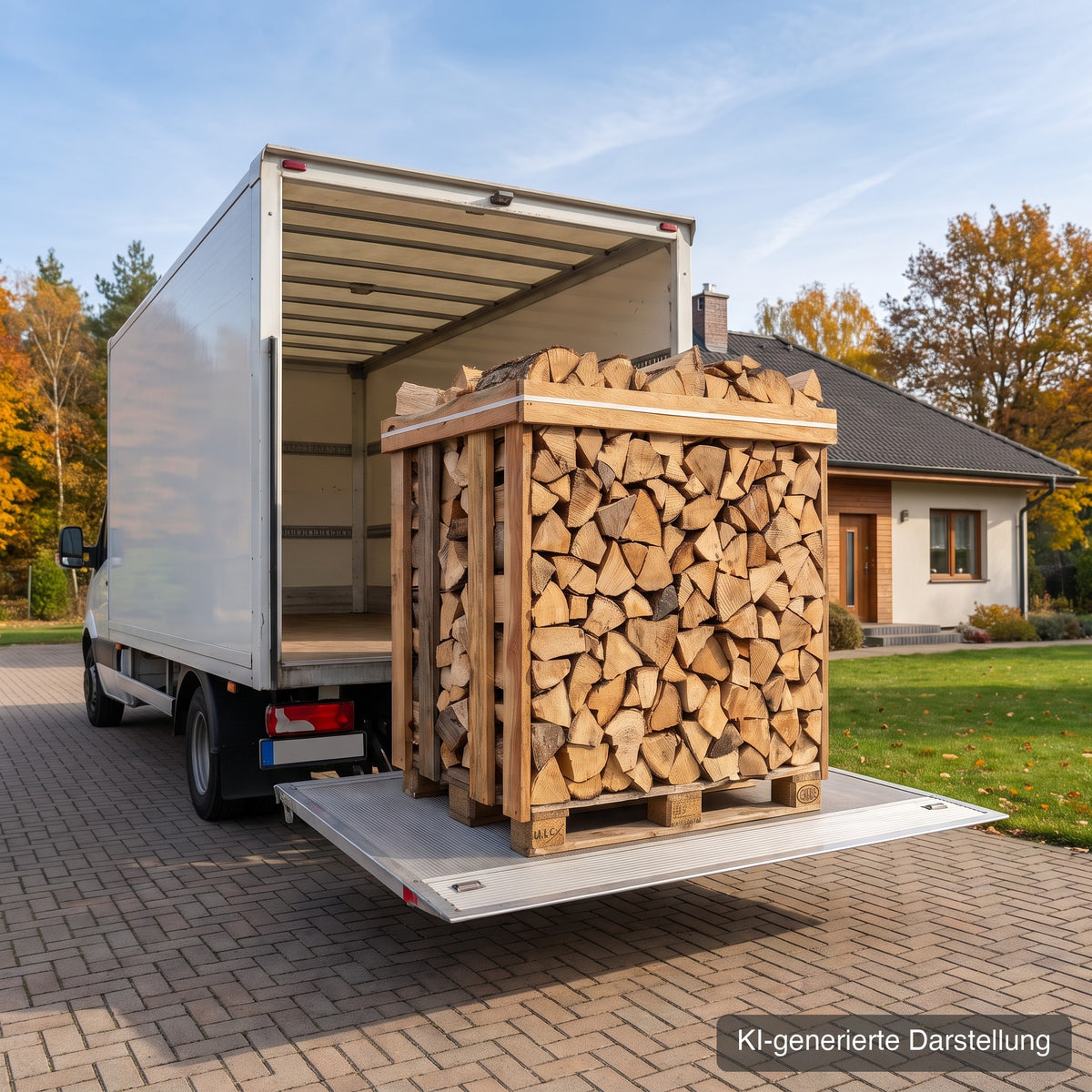 Anlieferung der Brennholz-Box per Lkw mit Hebebuehne (KI-generierte Darstellung)