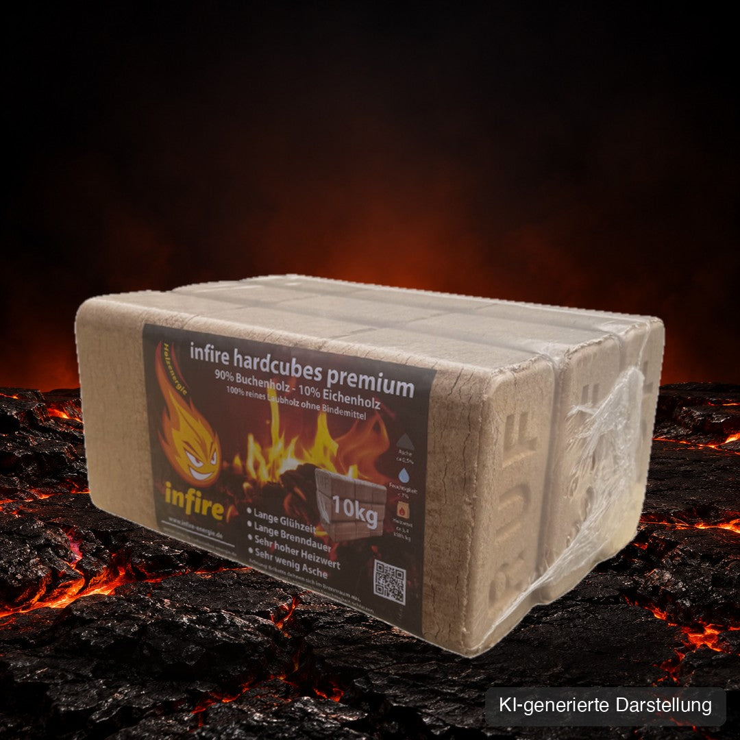 hardcubes premium Hartholzbriketts Paket 10 kg auf Glut, KI-generierte Darstellung