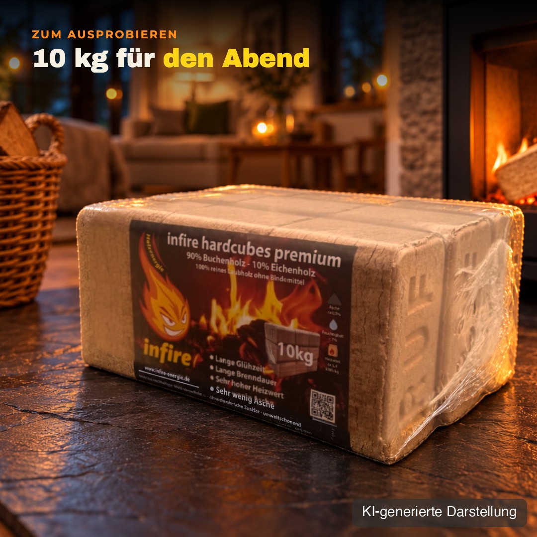 Ein 10-kg-Paket hardcubes premium vor dem Kaminofen, KI-generierte Darstellung