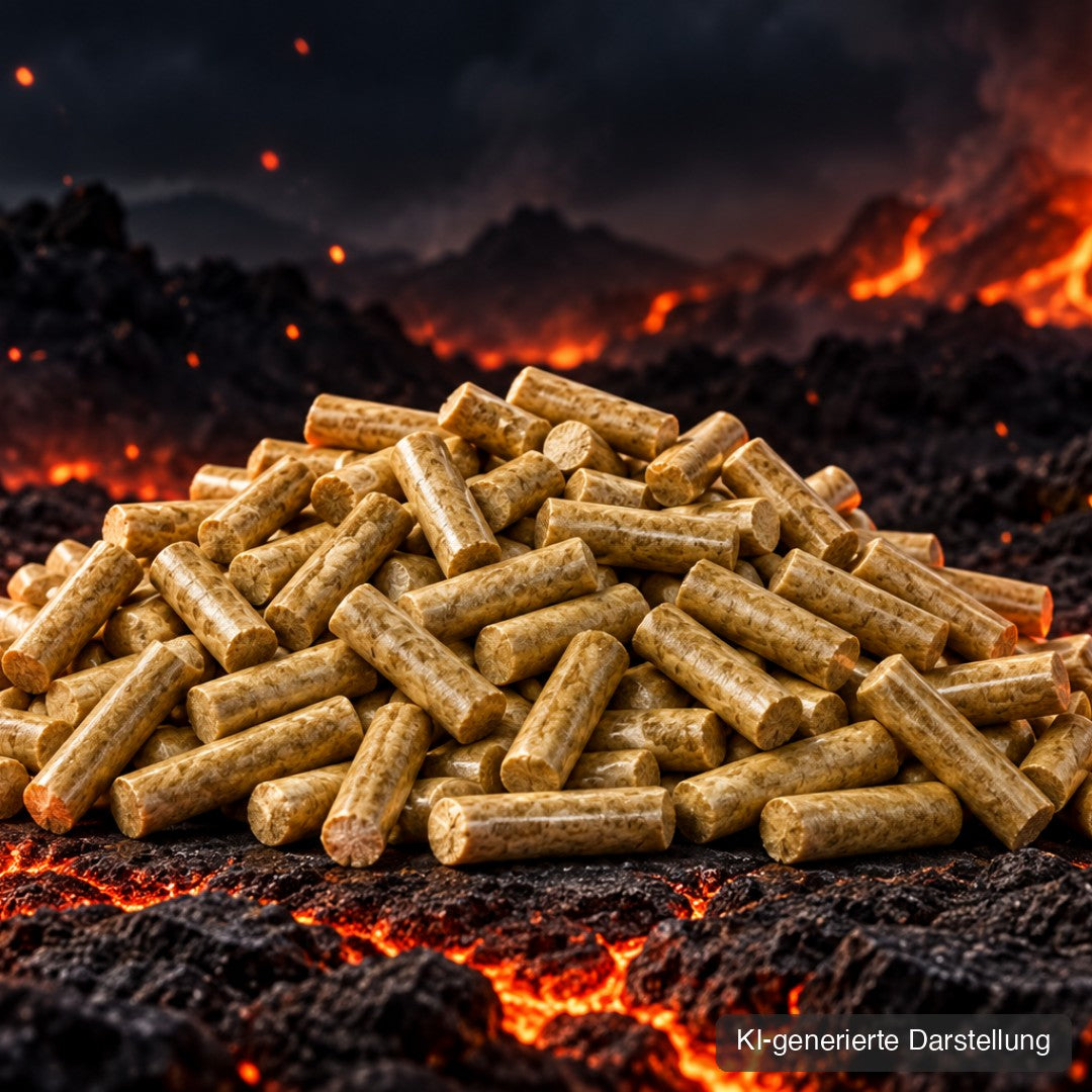 Holzpellets lose, 6 mm, ENplus A1, Pellethaufen auf Lava, KI-generierte Darstellung