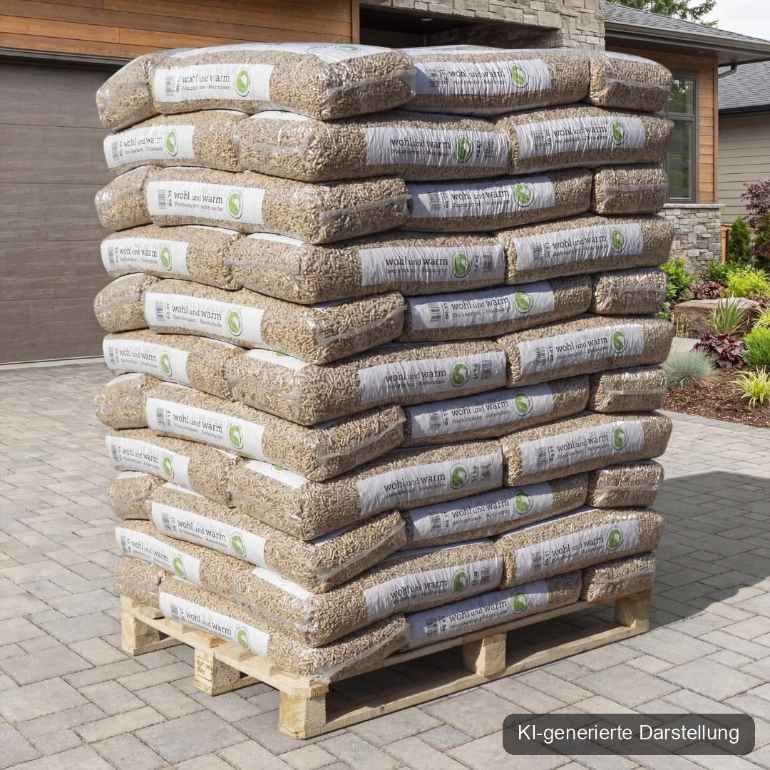 wohl und warm Holzpellets, 6 mm, Sackware - Palette 990 kg, KI-generierte Darstellung