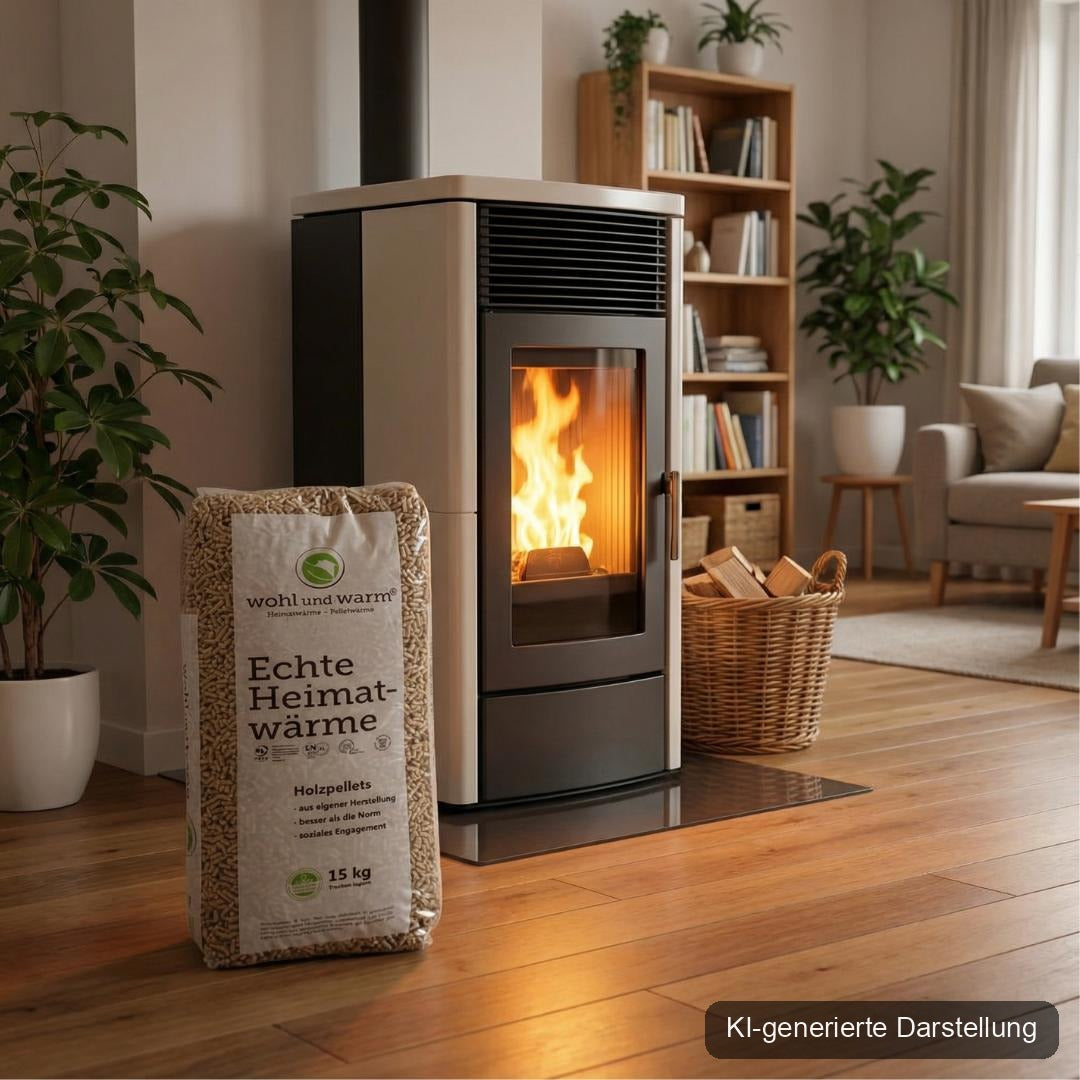 wohl und warm Holzpellets, 6 mm, Sackware - einzeln 15 kg, KI-generierte Darstellung