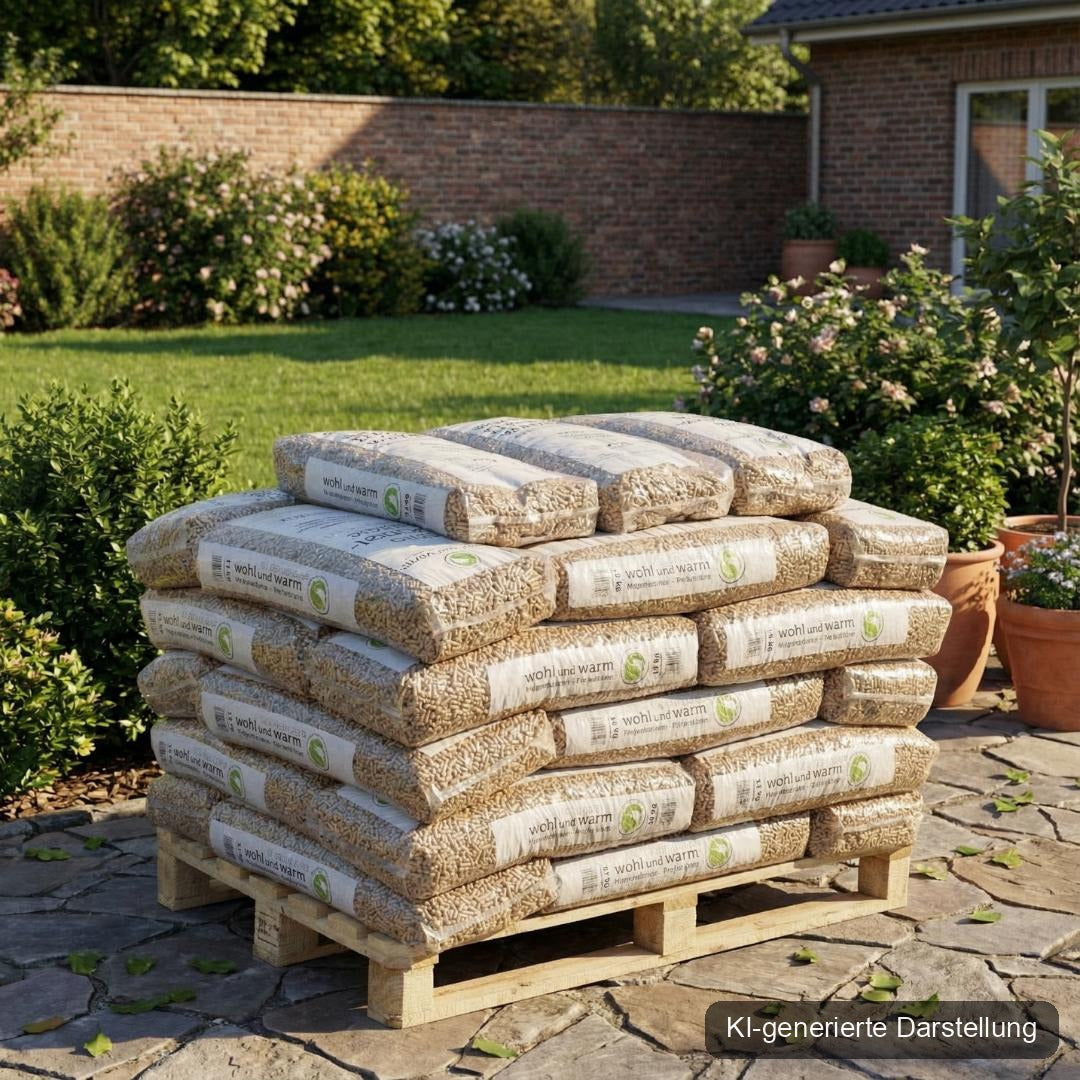 wohl und warm Holzpellets, 6 mm, Sackware - halbe Palette 495 kg, KI-generierte Darstellung