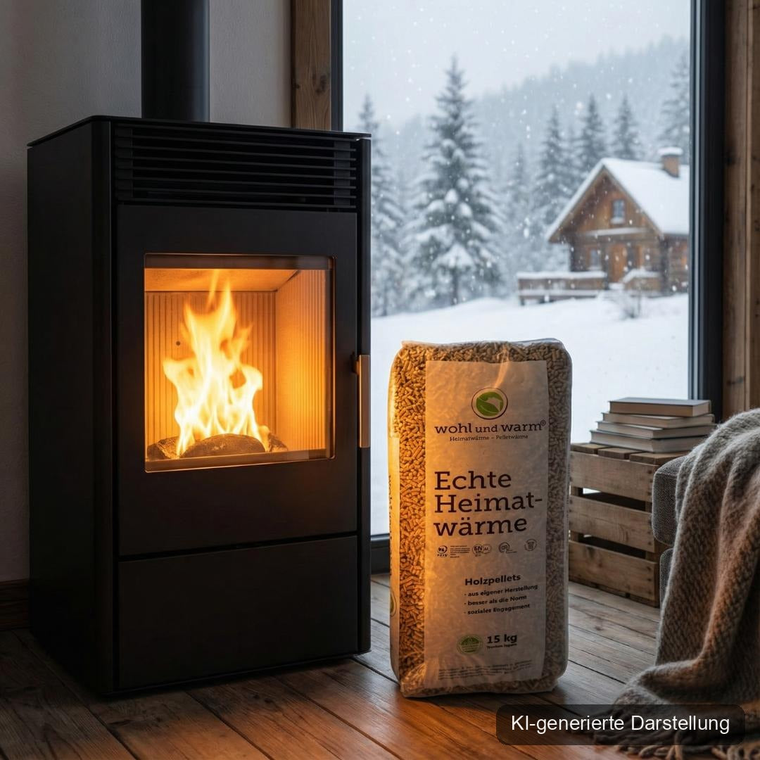 wohl und warm Holzpellets, 6 mm, Sackware - halbe Palette 495 kg, KI-generierte Darstellung