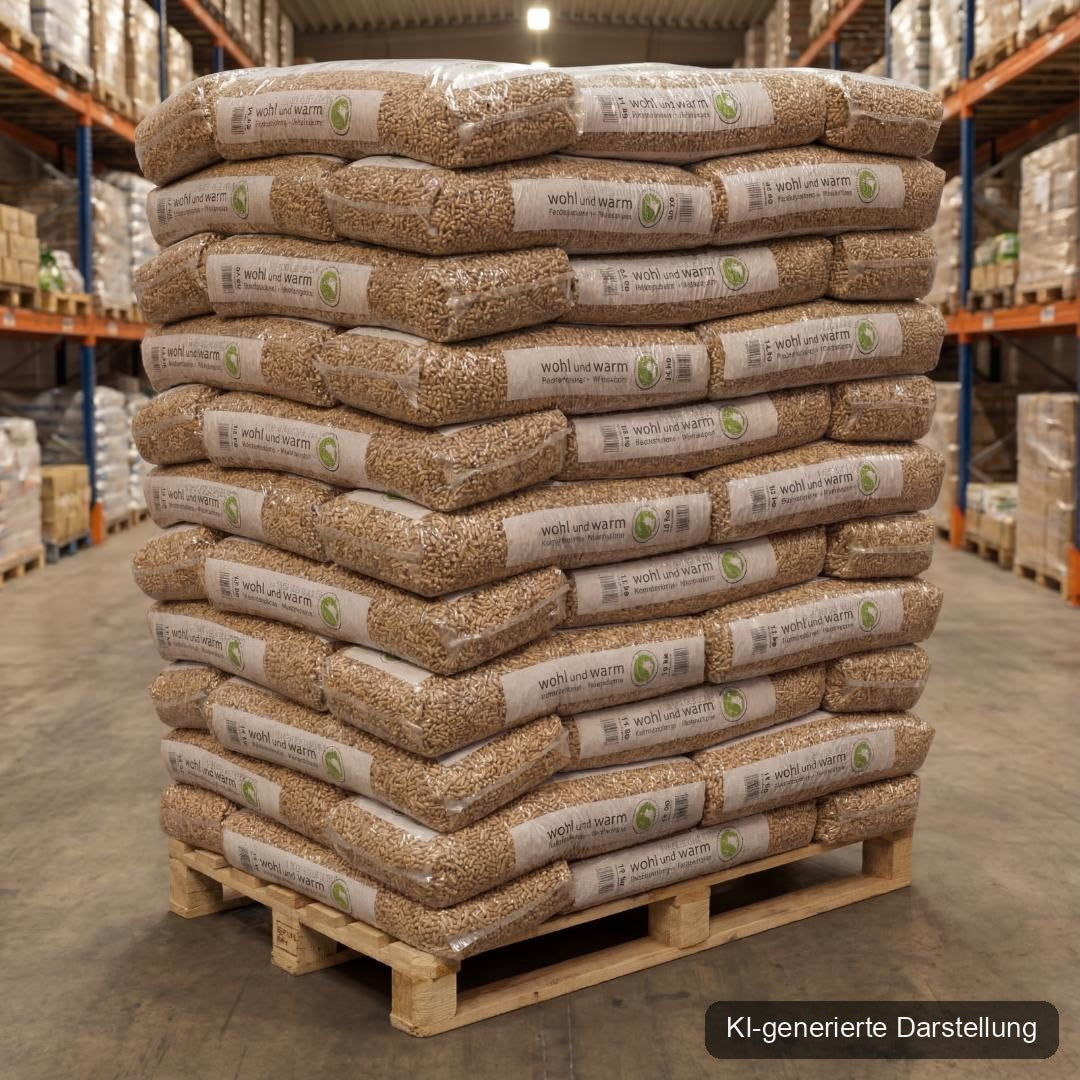 wohl und warm Holzpellets, 6 mm, Sackware - Palette 990 kg, KI-generierte Darstellung