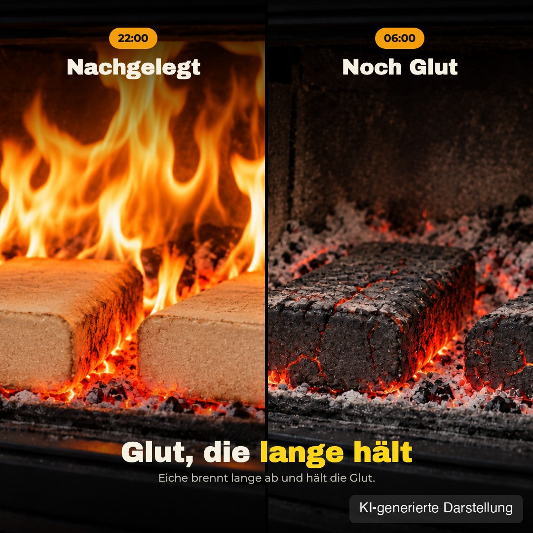 oakcubes abends nachgelegt, morgens noch Glut, KI-generierte Darstellung