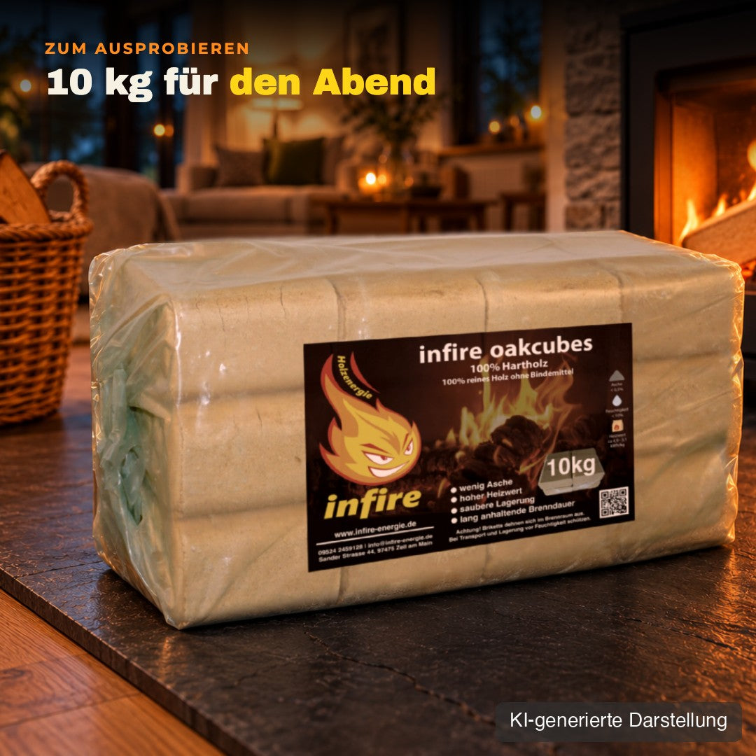 Ein 10-kg-Paket oakcubes vor dem Kaminofen, KI-generierte Darstellung