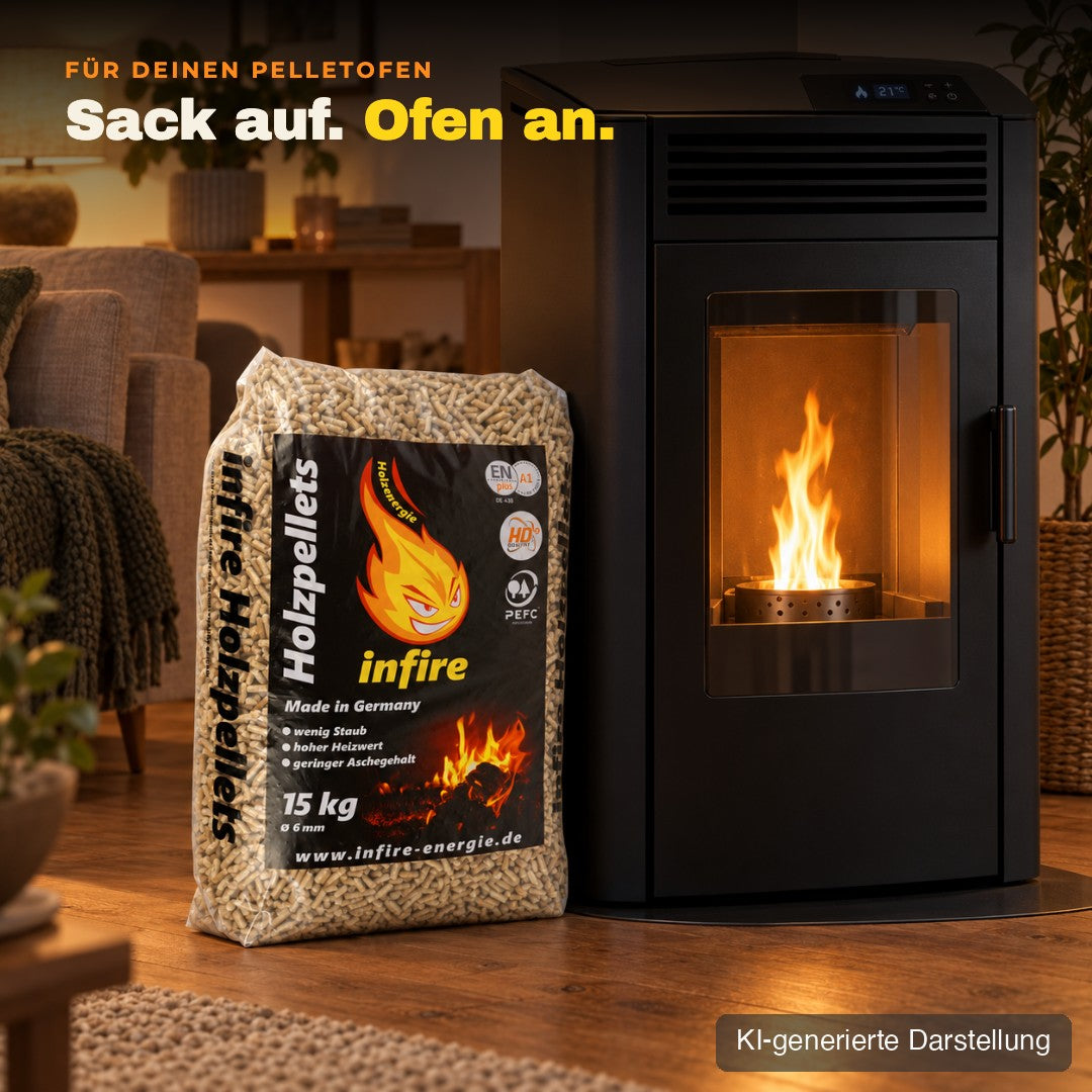 15-kg-Sack infire Holzpellets neben dem Pelletofen, KI-generierte Darstellung