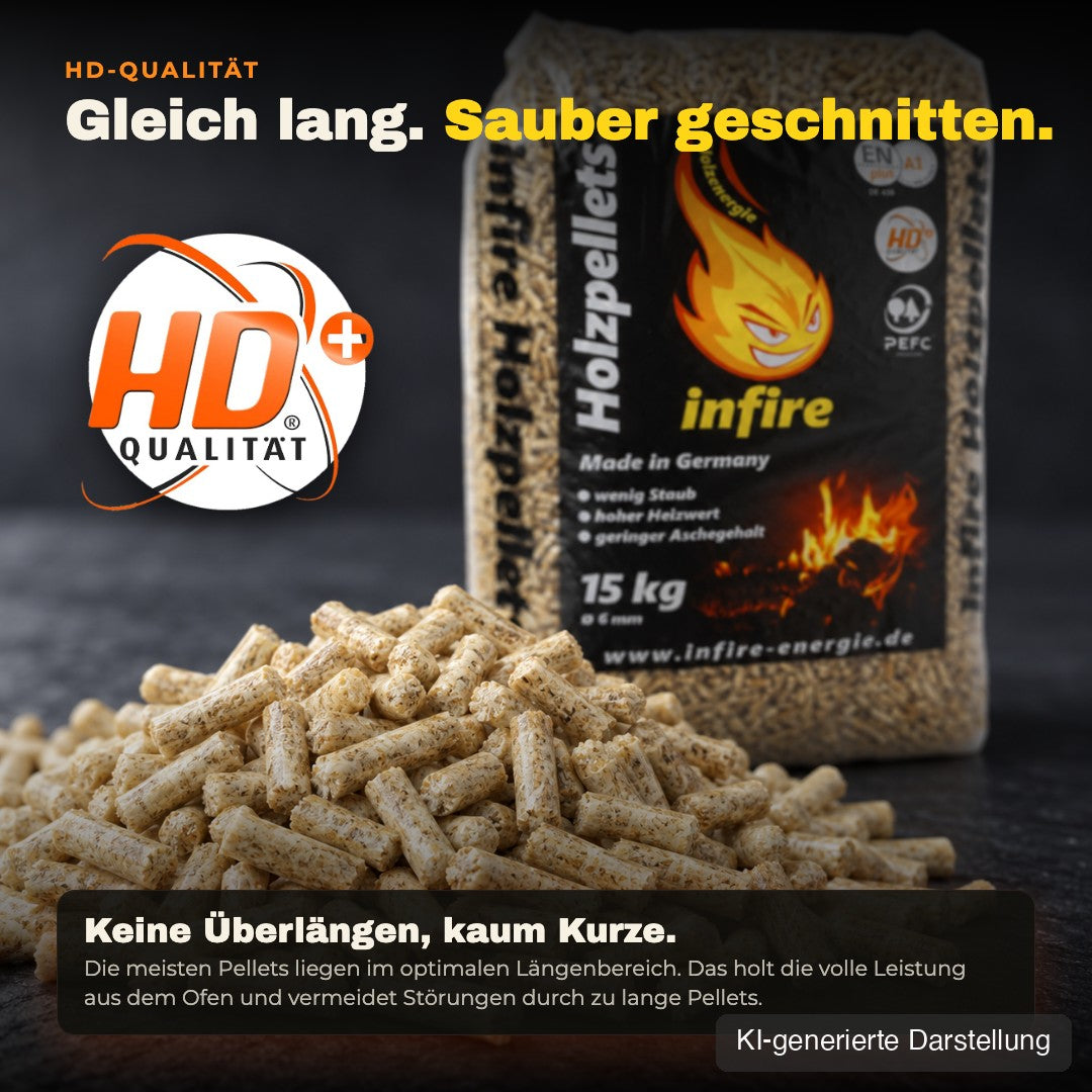 HD-Qualität: gleich lange, sauber geschnittene Holzpellets ohne Überlängen, KI-generierte Darstellung