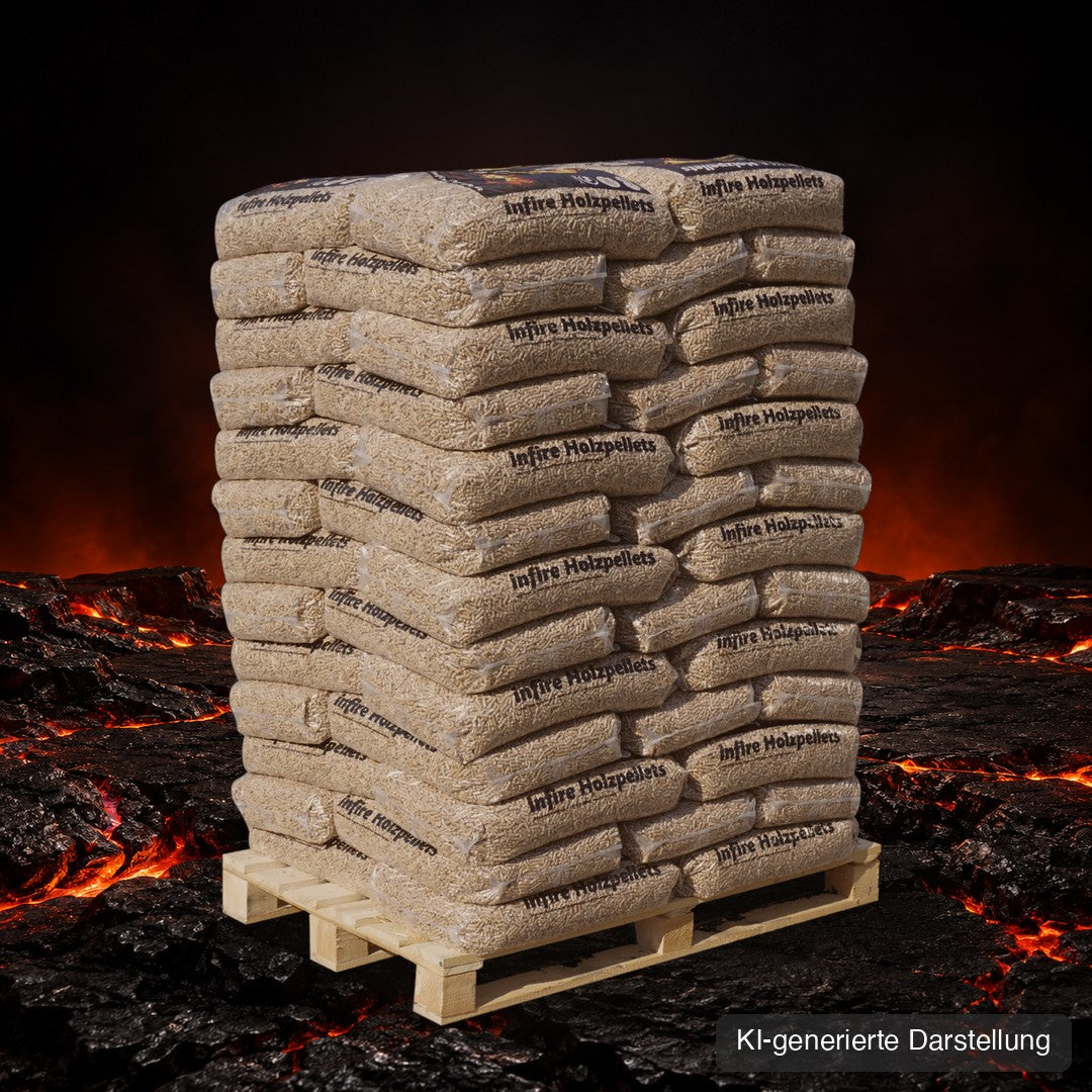 infire Holzpellets HD-Qualität, Palette 975 kg (65 Säcke) auf Lava, KI-generierte Darstellung