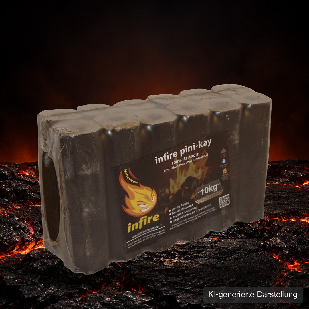 Pini-Kay Hartholzbriketts 10-kg-Paket, KI-generierte Darstellung