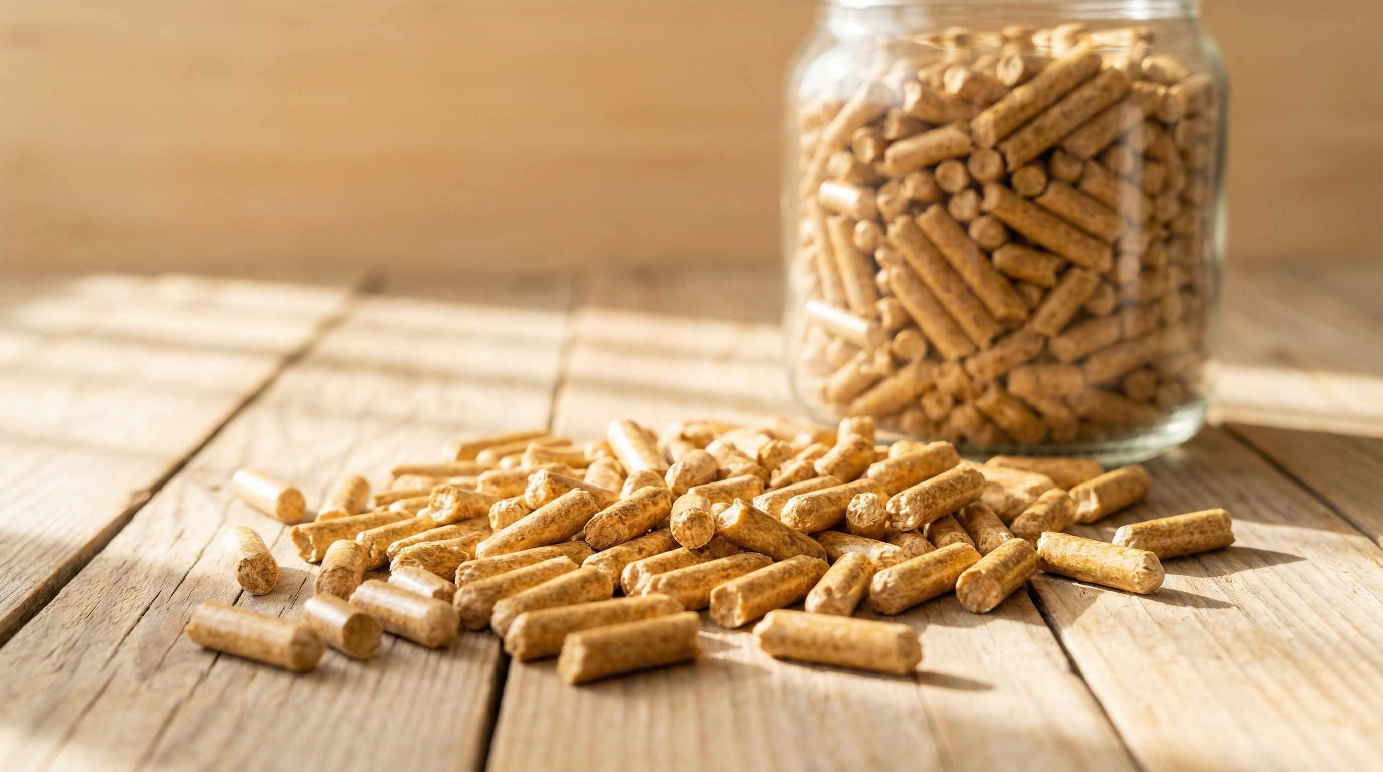 Holzpellets ENplus A1 Nahaufnahme auf Holzoberfläche