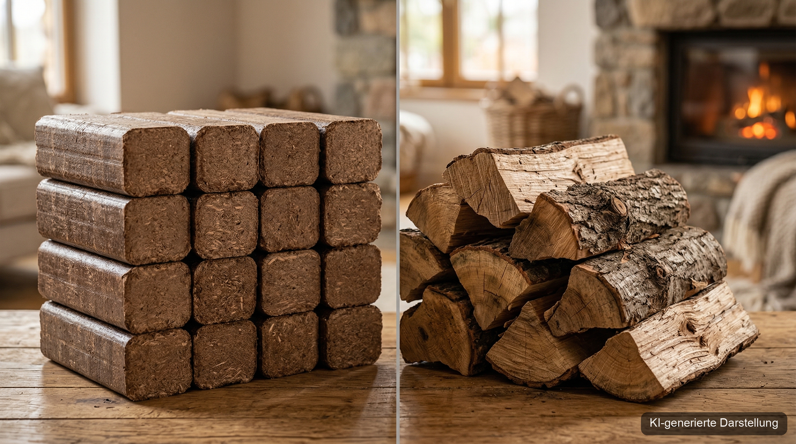 Holzbriketts vs. Brennholz — Der ehrliche Vergleich (KI-generierte Darstellung)