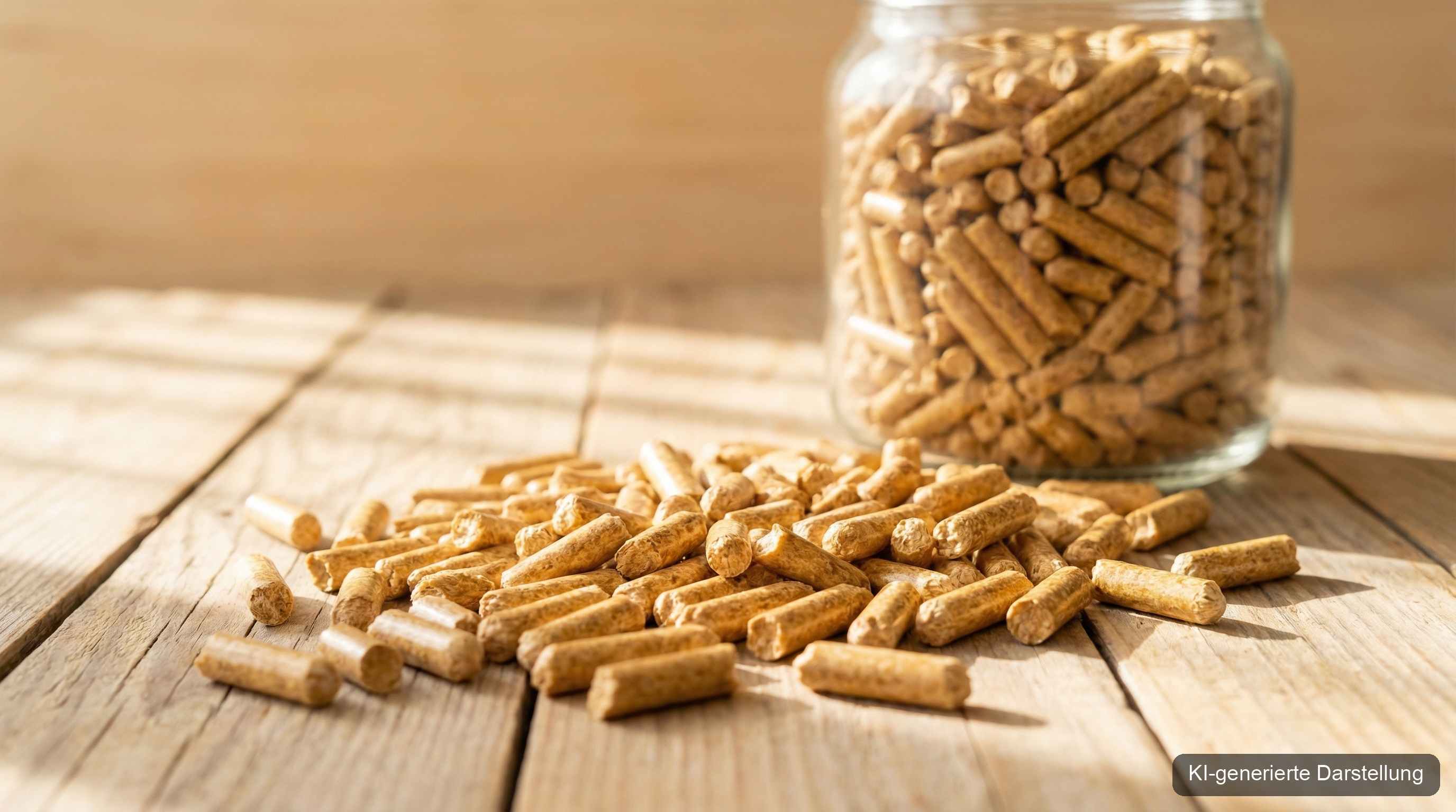 Holzpellets ENplus A1 Nahaufnahme auf Holzoberfläche (KI-generierte Darstellung)
