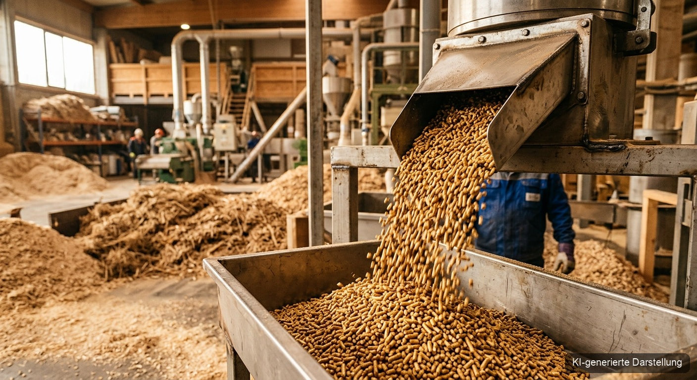 Pelletproduktion Deutschland — goldene Holzpellets aus regionaler Herstellung (KI-generierte Darstellung)