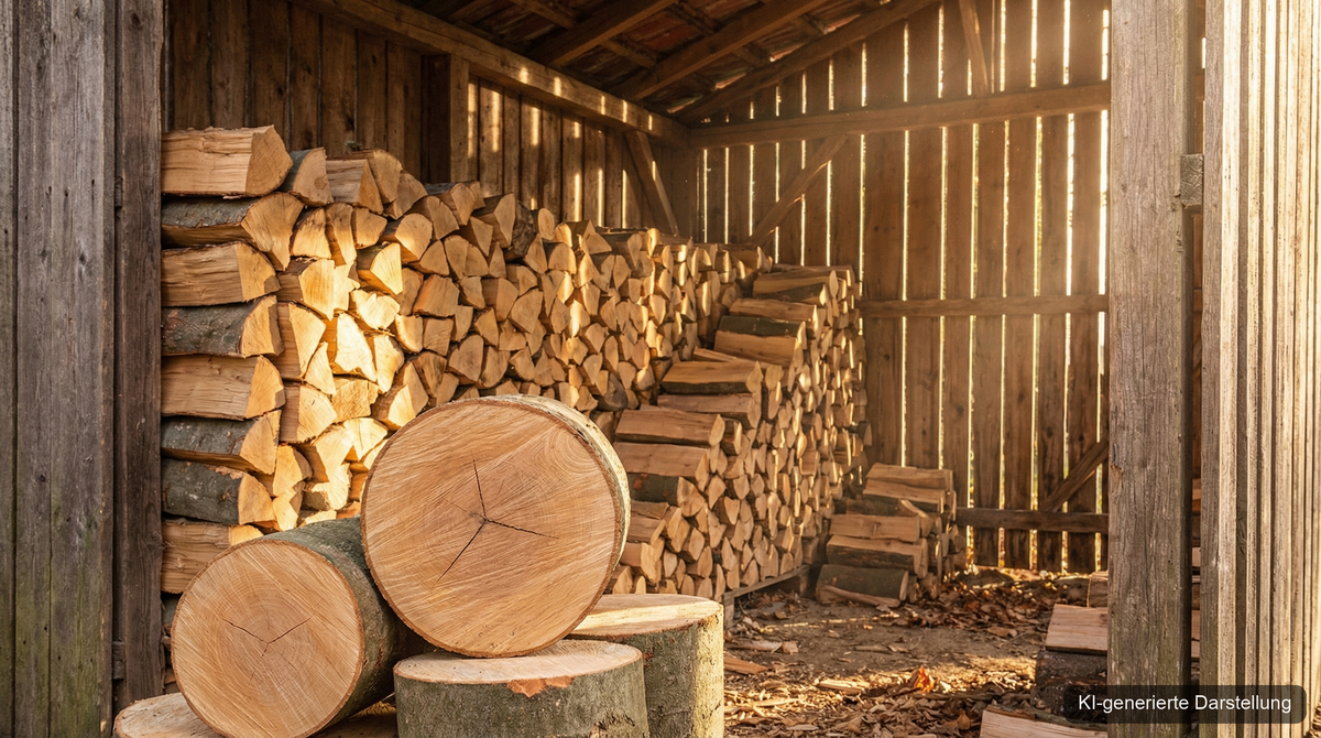 Gestapeltes Brennholz in einem Holzschuppen mit warmem Sonnenlicht — Brennholz richtig lagern (KI-generierte Darstellung)