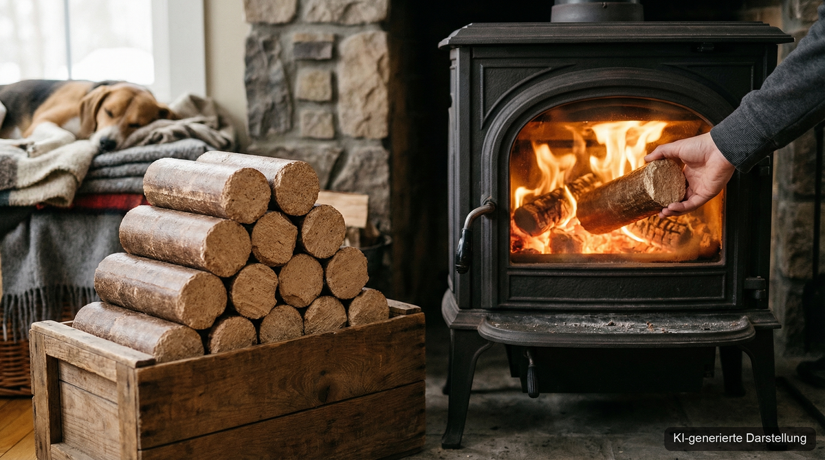 Holzbriketts neben einem brennenden Kaminofen — Holzbriketts richtig anzünden (KI-generierte Darstellung)