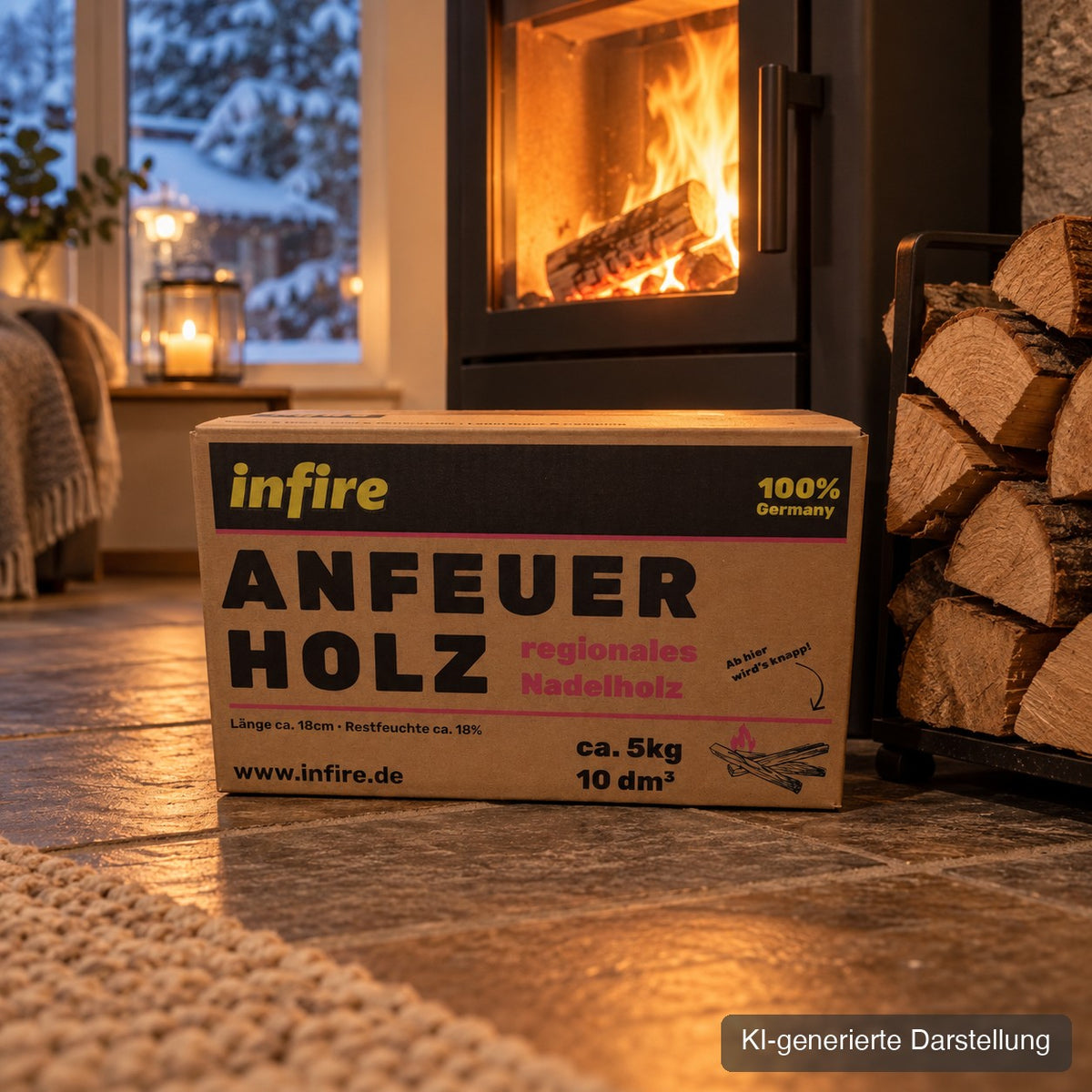 Karton Anfeuerholz neben dem Kaminholz am Ofen, KI-generierte Darstellung
