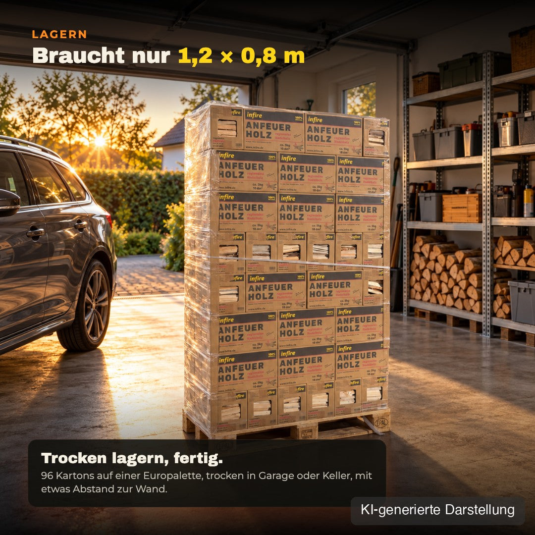 Ganze Palette Anfeuerholz, 96 Kartons, auf 1,2 × 0,8 m in der Garage, KI-generierte Darstellung