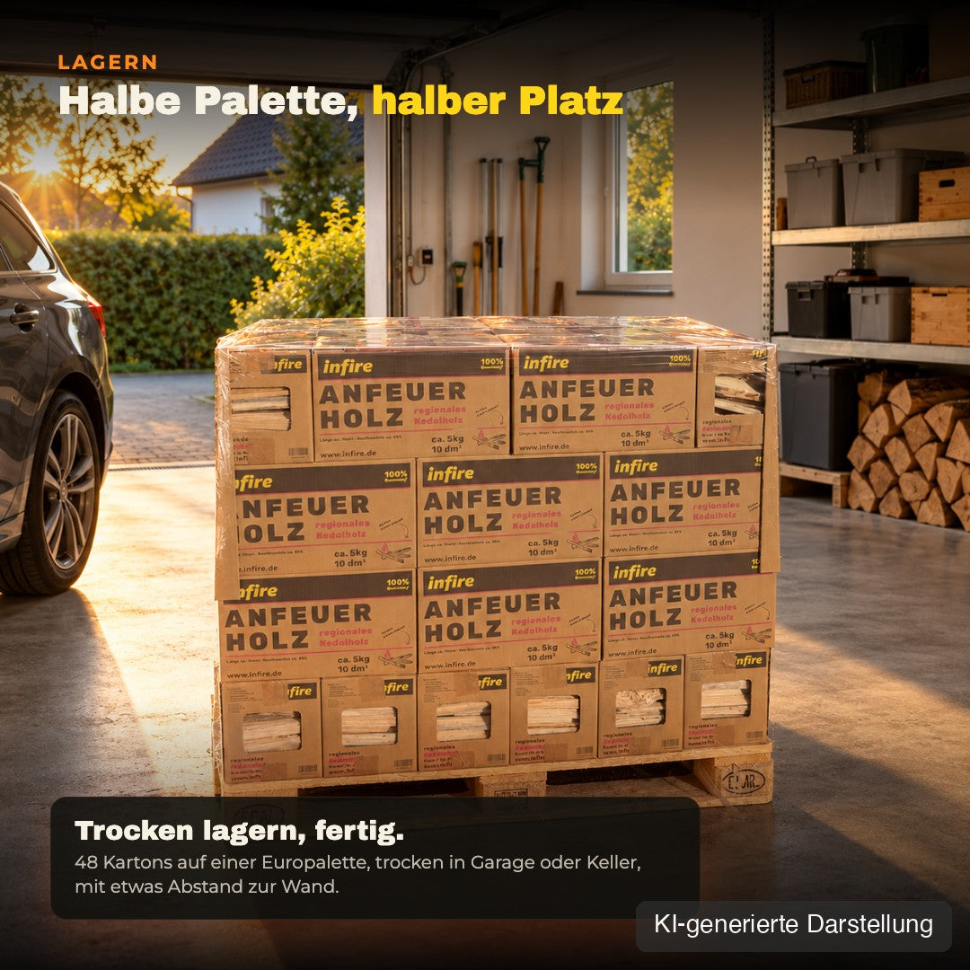 Halbe Palette Anfeuerholz, 48 Kartons, trocken in der Garage gelagert, KI-generierte Darstellung