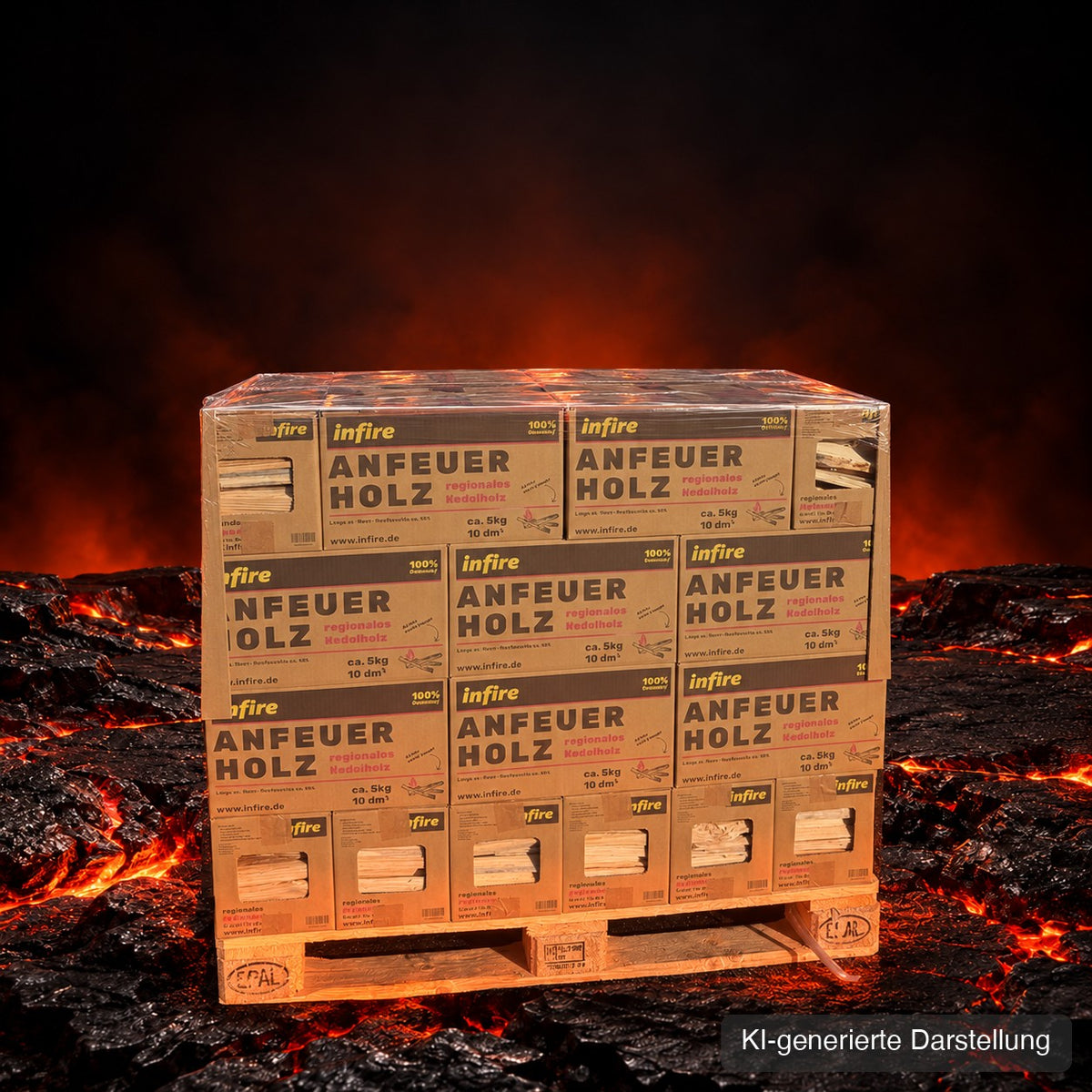 Halbe Palette infire Anfeuerholz, 48 Kartons, auf glühendem Lavagestein, KI-generierte Darstellung