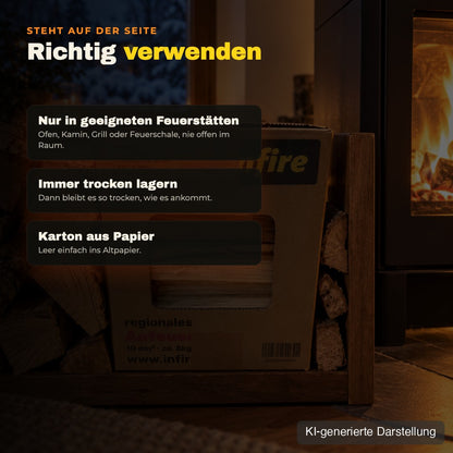 Anfeuerholz richtig verwenden: nur in geeigneten Feuerstätten, trocken lagern, KI-generierte Darstellung