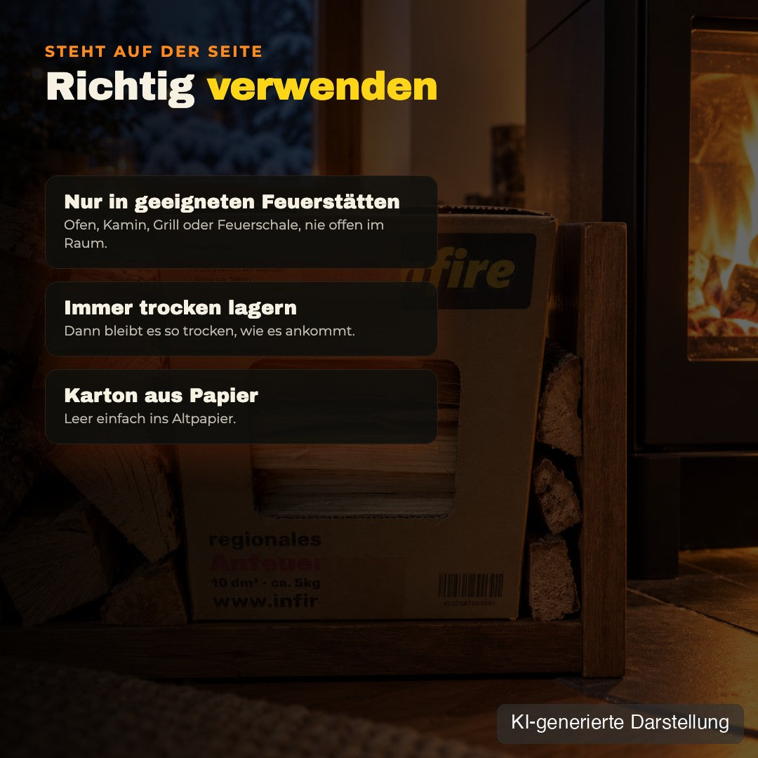 Anfeuerholz richtig verwenden: nur in geeigneten Feuerstätten, trocken lagern, KI-generierte Darstellung