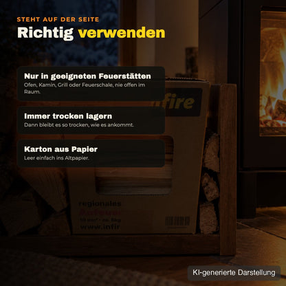 Anfeuerholz richtig verwenden: nur in geeigneten Feuerstätten, trocken lagern, KI-generierte Darstellung