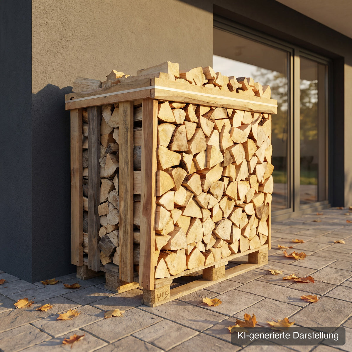 Brennholz-Box auf der Terrasse im Herbst (KI-generierte Darstellung)