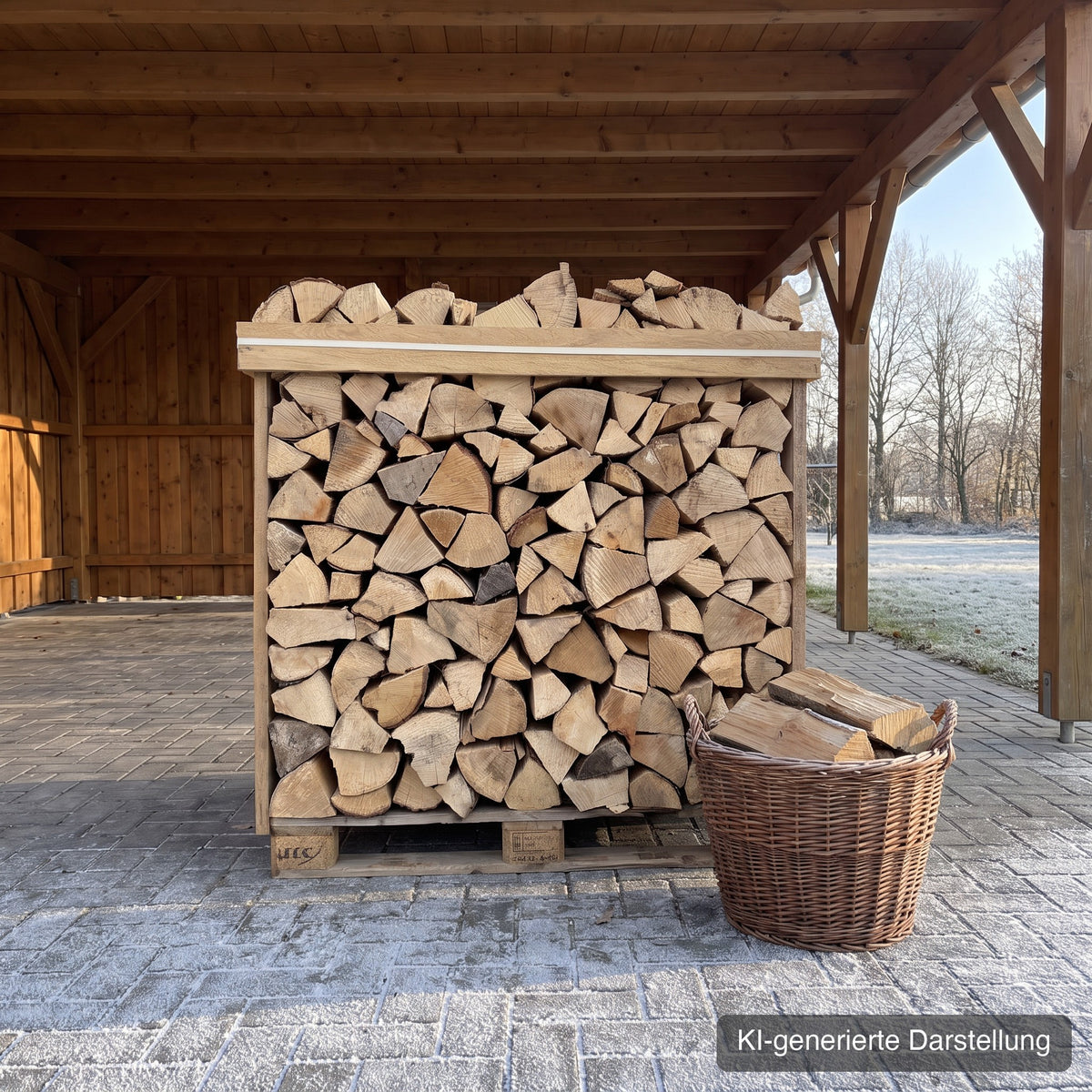 Brennholz-Box trocken unter dem Carport im Winter (KI-generierte Darstellung)