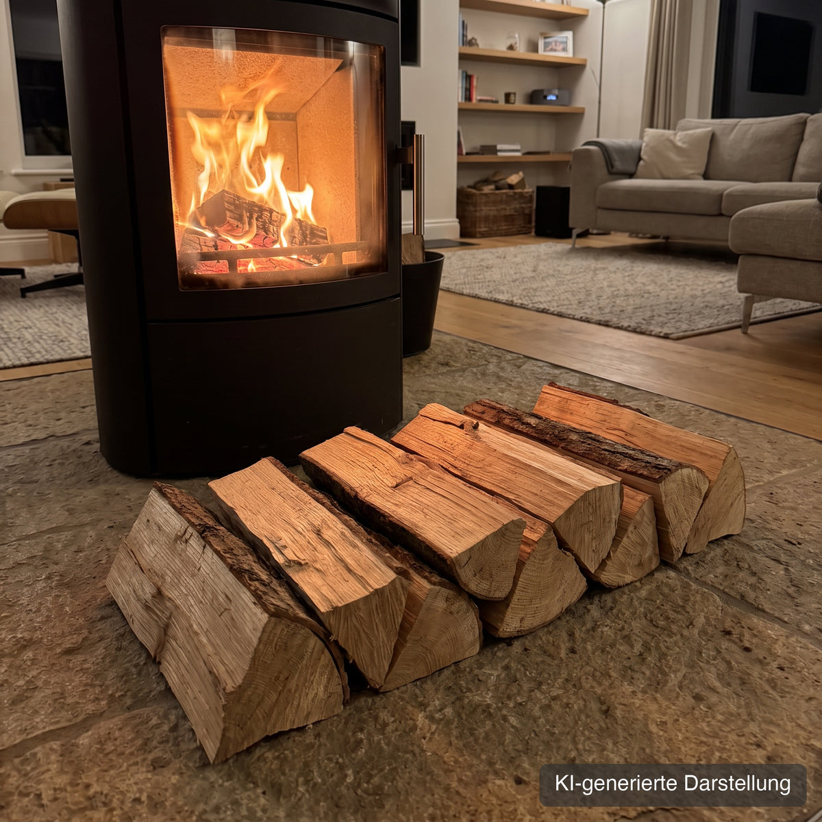 Einzelne Scheite aus der Brennholz-Box vor dem brennenden Kaminofen (KI-generierte Darstellung)