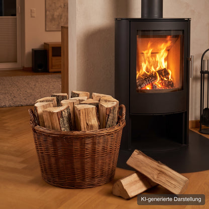 Weidenkorb mit gespaltenen Scheiten neben dem Kaminofen im Wohnzimmer (KI-generierte Darstellung)