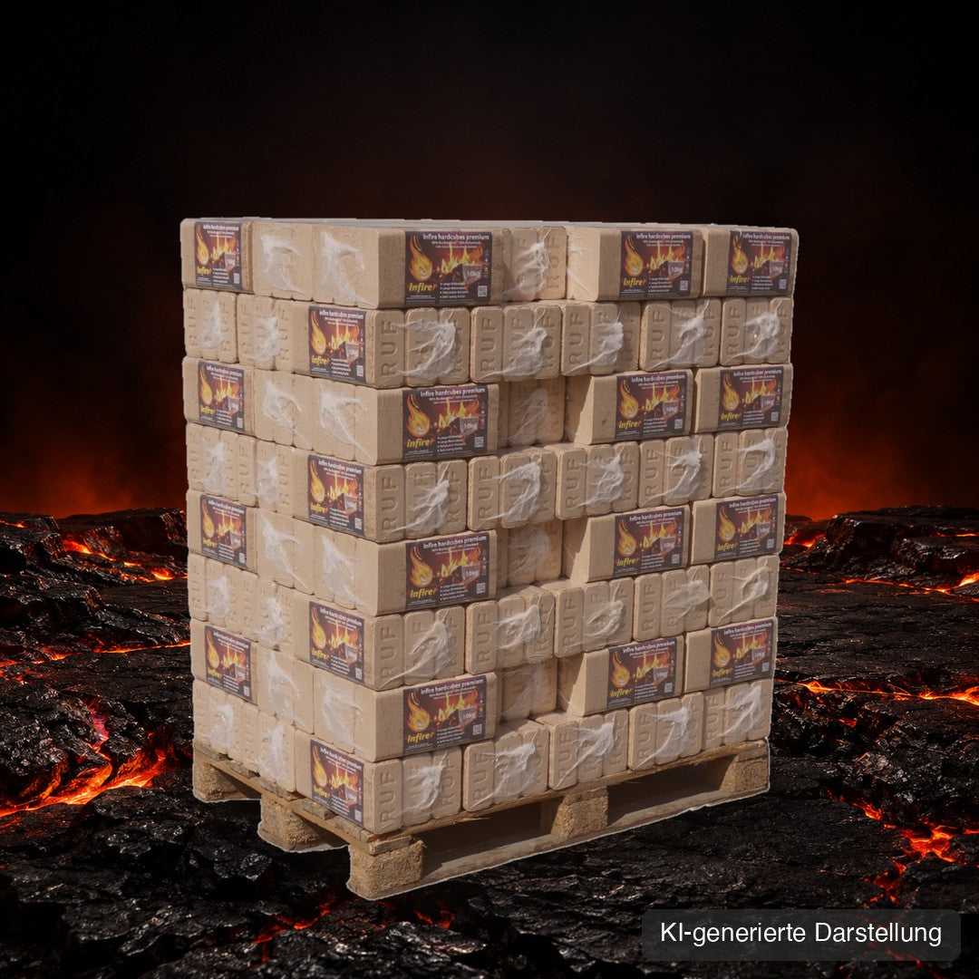 hardcubes premium Hartholzbriketts Palette 960 kg auf Glut, KI-generierte Darstellung