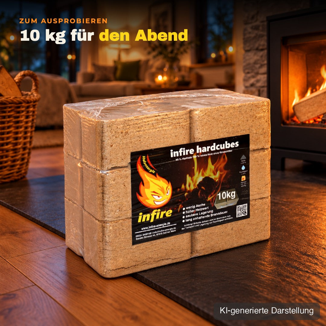 Ein 10-kg-Paket hardcubes vor dem Kaminofen, KI-generierte Darstellung