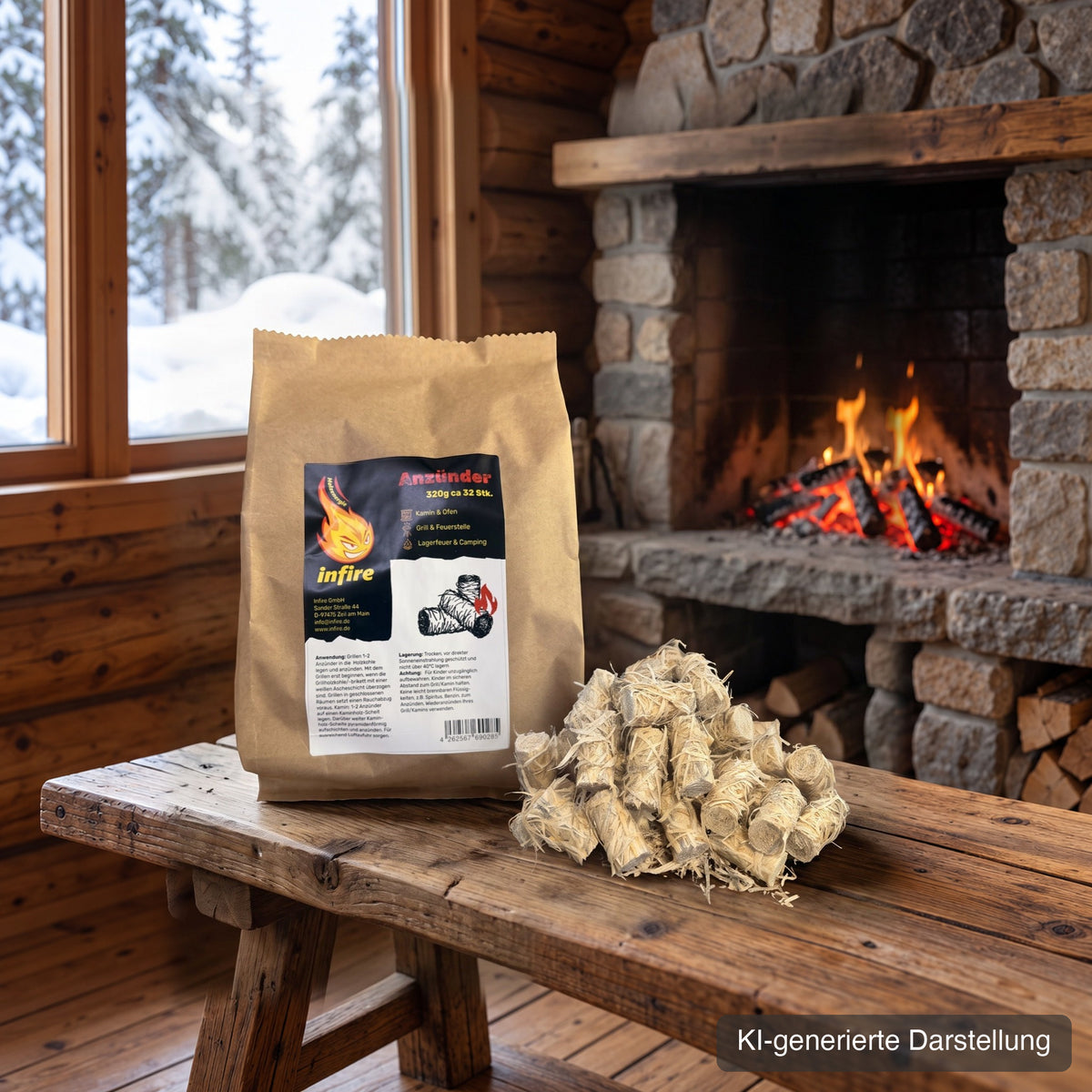 infire Anzünder am Kamin in der Winterhütte