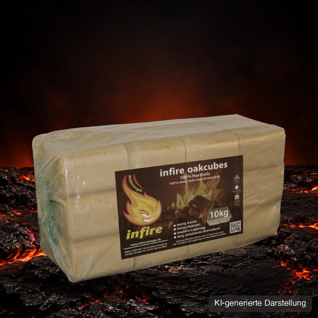 oakcubes Eichenholzbriketts 10-kg-Paket, KI-generierte Darstellung