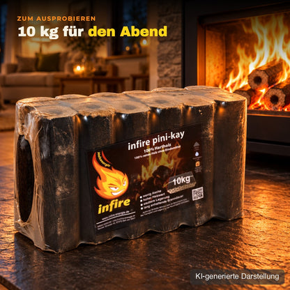 Ein 10-kg-Paket Pini-Kay vor dem Kaminofen, KI-generierte Darstellung
