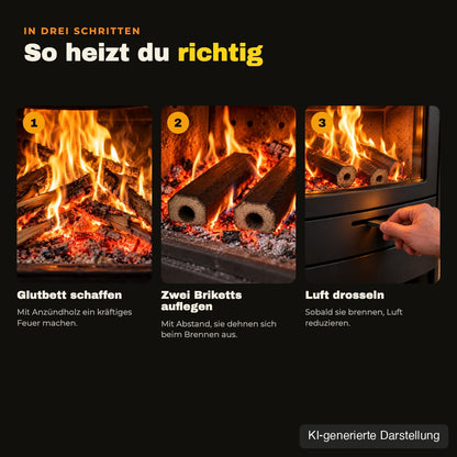 So heizt du richtig mit Holzbriketts in drei Schritten, KI-generierte Darstellung