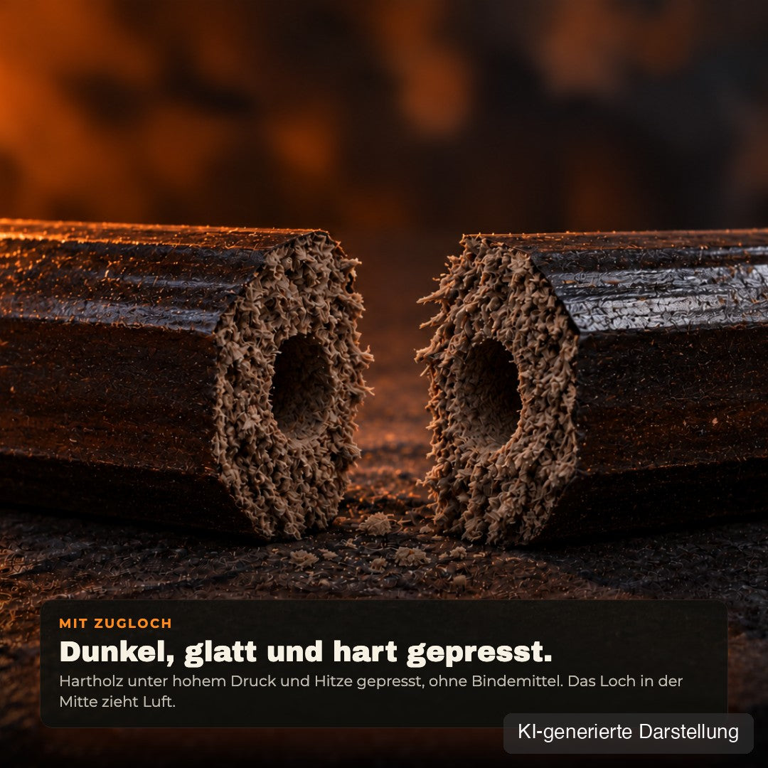 Mit Zugloch: Bruchkante eines Pini-Kay Briketts, KI-generierte Darstellung