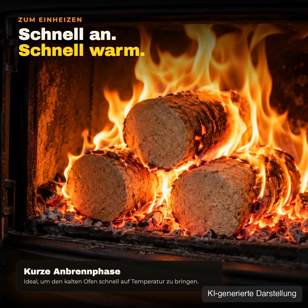 rounders Nadelholzbriketts brennen schnell an: kurze Anbrennphase, ideal zum Einheizen, KI-generierte Darstellung