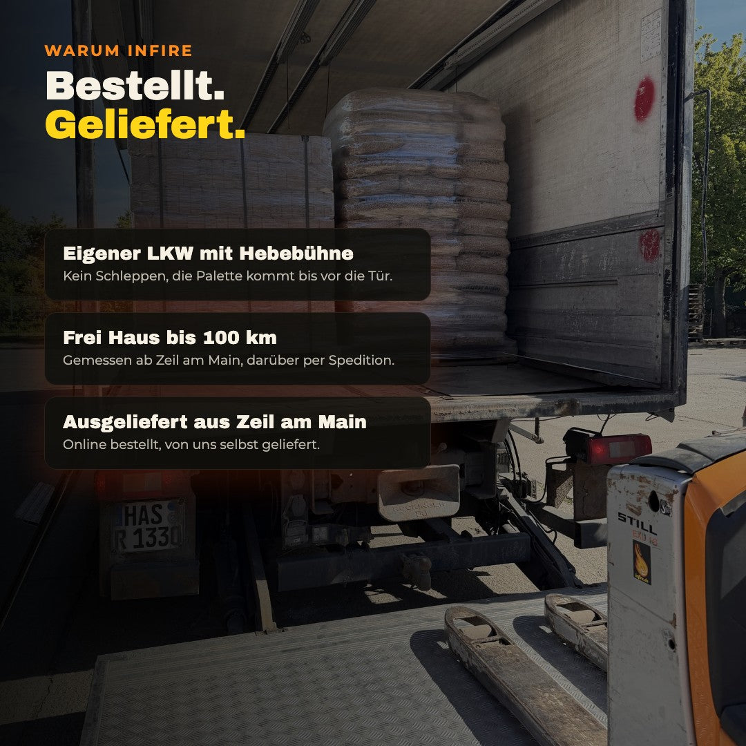 Warum infire: eigener LKW mit Hebebühne, frei Haus bis 100 km ab Zeil am Main