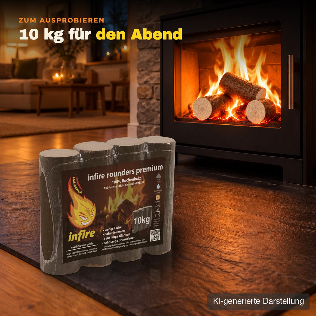 Ein 10-kg-Paket rounders premium vor dem Kaminofen, KI-generierte Darstellung